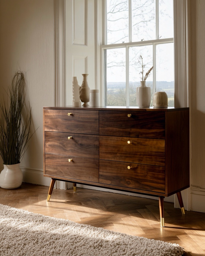 Commode 'Prime' 6 tiroirs - Noyer/Laiton