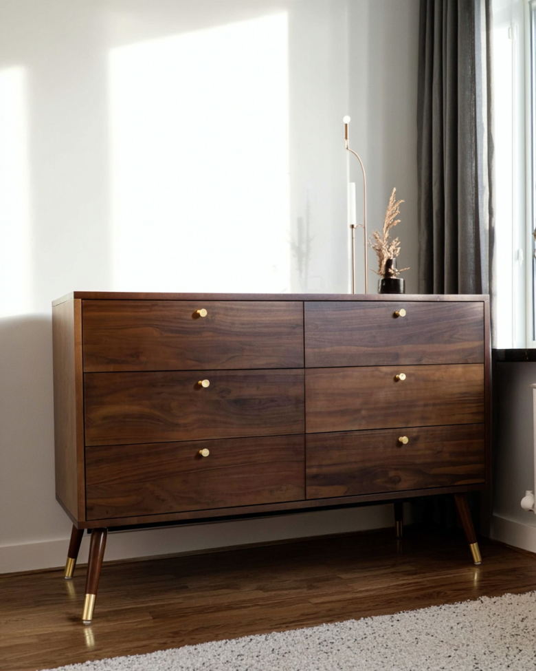 Commode 'Prime' 6 tiroirs - Noyer/Laiton