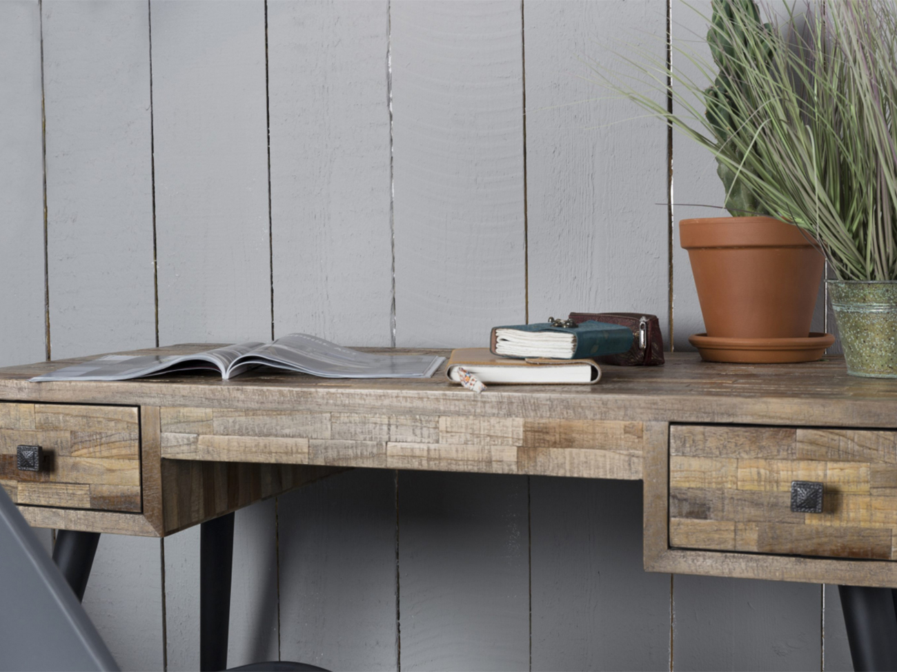 Bureau/Table d'appoint 'Leo' - Teck/Acier