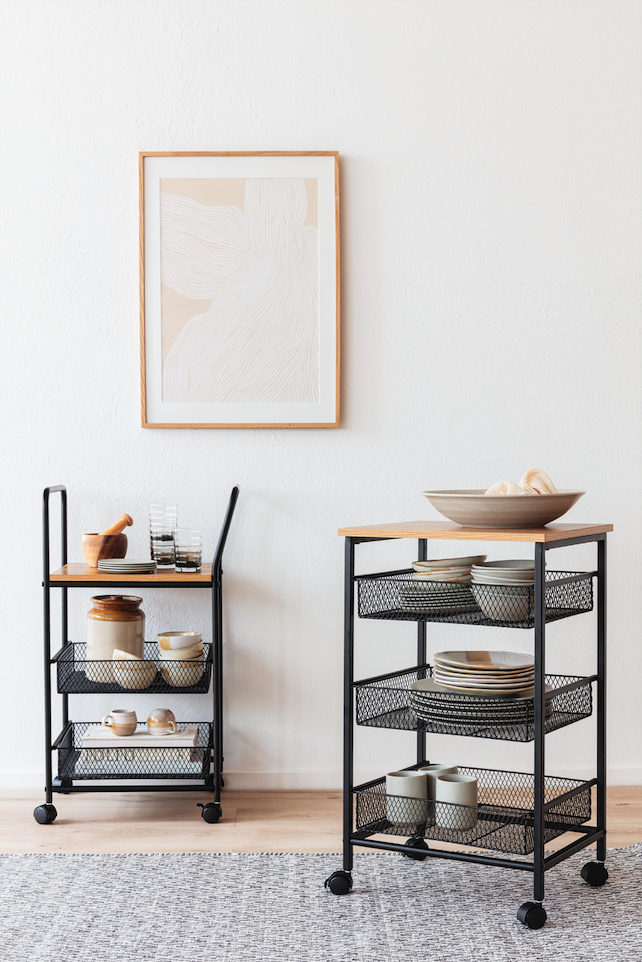 Chariot de cuisine/Chariot à boissons 'Grums' - Noir/Bois