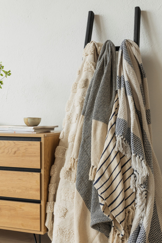 Couverture en coton recyclé 'Skiss' - Beige/Bleu