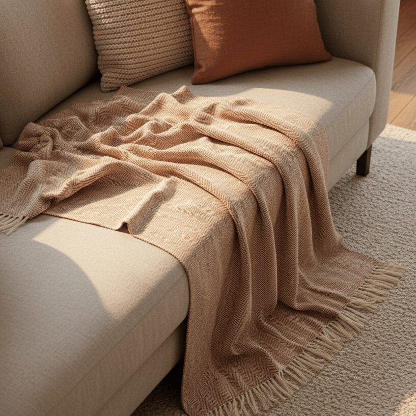 Couverture en coton ' Denisa Fishbone ' 130 x 170 cm - Marron/blanc