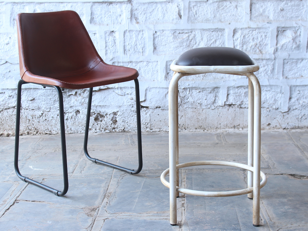 Tabouret industriel Vintage - Brun/Blanc